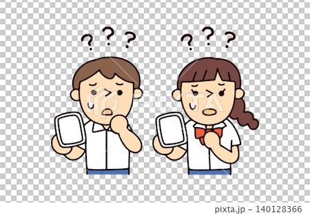 夏の制服の学生男女2人がスマホを持って考え悩むイラスト 夏の制服の学生男女2人がスマホを持って考え悩むイラスト 140128366