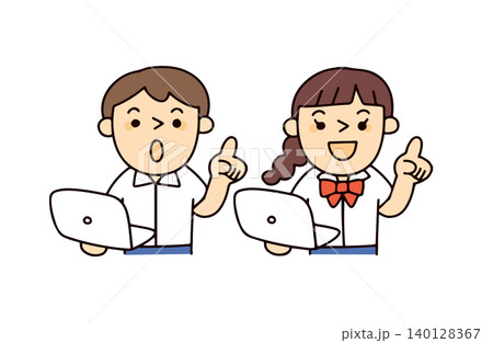 夏の制服の学生男女2人がパソコンを持って説明するイラスト 140128367