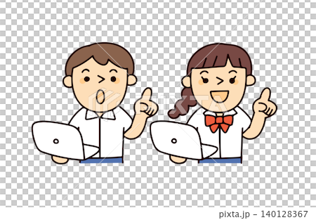 夏の制服の学生男女2人がパソコンを持って説明するイラスト 140128367