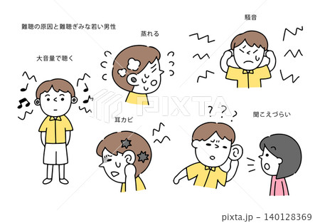 難聴の原因と軟調気味な若い男性のイラストセット 140128369