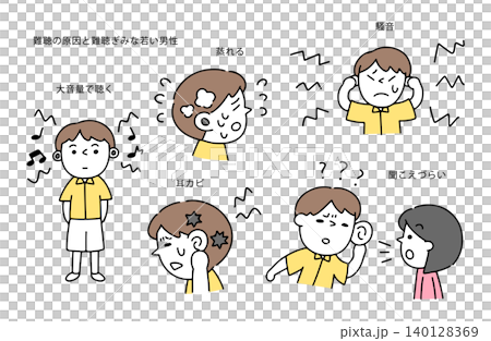難聴の原因と軟調気味な若い男性のイラストセット 140128369