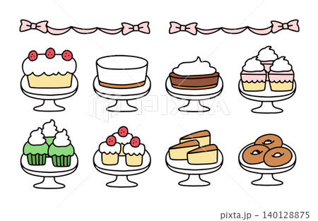 ショートケーキやチーズケーキなどのかわいいスイーツの手描きイラストセット ショートケーキやチーズケーキなどのかわいいスイーツの手描きイラストセット 140128875