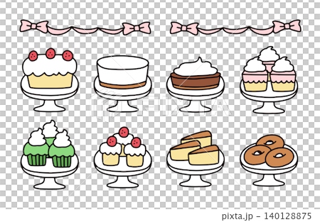 ショートケーキやチーズケーキなどのかわいいスイーツの手描きイラストセット ショートケーキやチーズケーキなどのかわいいスイーツの手描きイラストセット 140128875