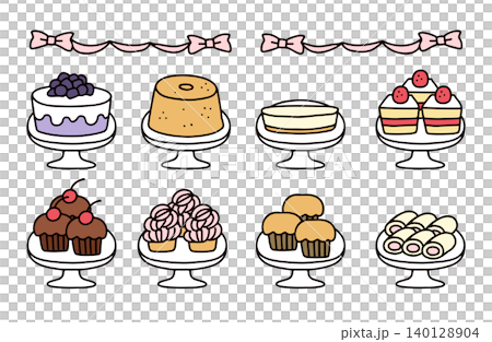 A set of hand-drawn illustrations of cute sweets such as chiffon cakes and muffins. A set of hand-drawn illustrations of cute sweets such as chiffon cakes and muffins. 140128904