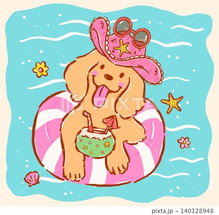 Happy golden retriever summer beach dog on stripe float, whimsical hand drawn doodle lines and cheerful cartoon character style 140128948
