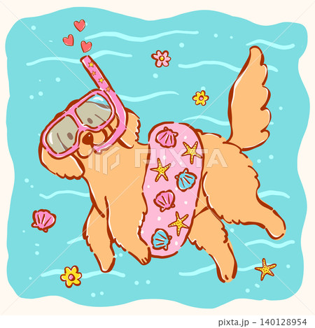 Happy golden retriever summer dog scuba driving whimsical hand drawn doodle lines and cheerful cartoon character style Happy golden retriever summer dog scuba driving whimsical hand drawn doodle lines and cheerful cartoon character style 140128954