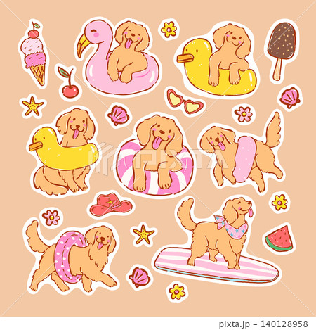 Happy golden retriever summer dog with float sticker sheet printable, whimsical hand drawn doodle lines and cheerful cartoon character style Happy golden retriever summer dog with float sticker sheet printable, whimsical hand drawn doodle lines and cheerful cartoon character style 140128958