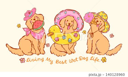 Playful golden retriever summer beach Dogs with happy derpy expression set Playful golden retriever summer beach Dogs with happy derpy expression set 140128960