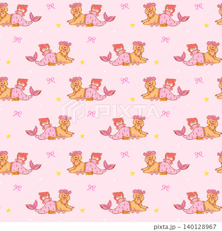 Summer golden retriever seamless pattern mermaid tail goofy playful whimsical doodle hand drawn background Summer golden retriever seamless pattern mermaid tail goofy playful whimsical doodle hand drawn background 140128967