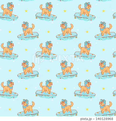 Summer golden retriever seamless pattern surfboard goofy playful whimsical doodle hand drawn background 140128968