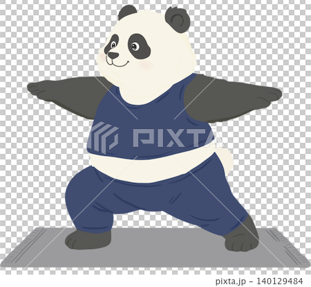 Cute panda practicing yoga on a mat in a wide legged standing pose. Adorable cartoon animal illustration promoting wellness, mindfulness, flexibility, balance, relaxation, and healthy living. Cute panda practicing yoga on a mat in a wide legged standing pose. Adorable cartoon animal illustration promoting wellness, mindfulness, flexibility, balance, relaxation, and healthy living. 140129484