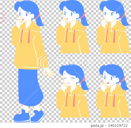 一群穿著藍色和黃色衣服的女孩，雙手托著下巴。 140129722