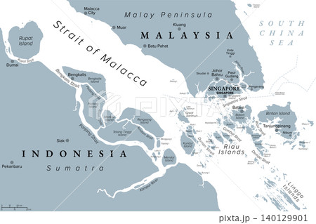 Singapore and southern Strait of Malacca, gray political map. Malacca Strait and Singapore Strait connecting Indian Ocean with South China Sea, a geostrategic choke point for global shipping. Vector 140129901