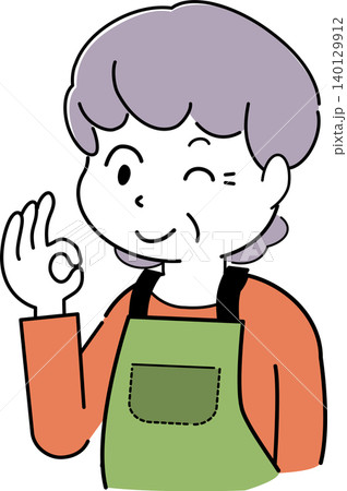OKサインをするエプロン姿の女性のシンプルイラスト（おばさん・中年女性・シニア・表情・人物素材） 140129912