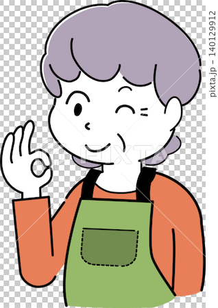 OKサインをするエプロン姿の女性のシンプルイラスト（おばさん・中年女性・シニア・表情・人物素材） 140129912