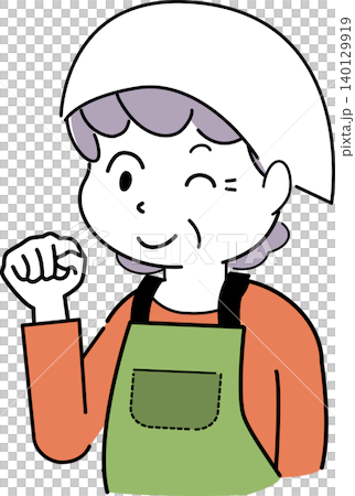 ガッツポーズをしてウインクするエプロン姿の女性のシンプルイラスト(おばあさん・シニア・表情・人物素材 ガッツポーズをしてウインクするエプロン姿の女性のシンプルイラスト(おばあさん・シニア・表情・人物素材 140129919