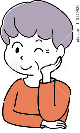 顔に手を当ててウインクして笑う女性のシンプルイラスト（おばあさん・シニア・表情・人物素材） 140129926