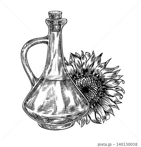 Sunflower oil. Black and white hand-drawn vector illustration. Glass bottle of oil and sunflower flower. Design element for labels and packaging, banners, posters, and more. Sunflower oil. Black and white hand-drawn vector illustration. Glass bottle of oil and sunflower flower. Design element for labels and packaging, banners, posters, and more. 140130038