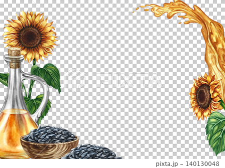 Frame with sunflower oil. Hand-drawn watercolor illustration. Glass bottle of oil, sunflower flower, and a handful of seeds in a wooden bowl. For label and packaging design, banners, posters and more. Frame with sunflower oil. Hand-drawn watercolor illustration. Glass bottle of oil, sunflower flower, and a handful of seeds in a wooden bowl. For label and packaging design, banners, posters and more. 140130048