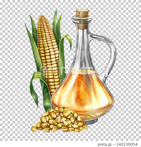 Corn oil. Hand-drawn watercolor illustration. A whole corn cob, a bottle of oil, and a pile of seeds. Perfect for labels and packaging, as well as menus, banners, posters, and more. Corn oil. Hand-drawn watercolor illustration. A whole corn cob, a bottle of oil, and a pile of seeds. Perfect for labels and packaging, as well as menus, banners, posters, and more. 140130054