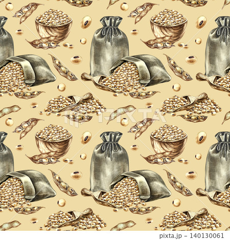 Seamless pattern with soybeans, pods, wooden utensils, and burlap bean bags. Hand-drawn watercolor illustration. On brown background. For textiles, labels and prints, decor, packaging and more 140130061