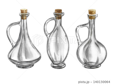 A set of transparent bottles with a beautiful shape, sealed with a cork. Hand-drawn watercolor illustration. Glass bottles. Design element for menus, recipes, and cookbooks, packaging, labels and more A set of transparent bottles with a beautiful shape, sealed with a cork. Hand-drawn watercolor illustration. Glass bottles. Design element for menus, recipes, and cookbooks, packaging, labels and more 140130064
