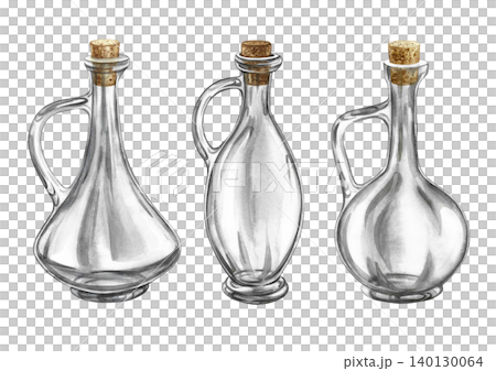 A set of transparent bottles with a beautiful shape, sealed with a cork. Hand-drawn watercolor illustration. Glass bottles. Design element for menus, recipes, and cookbooks, packaging, labels and more A set of transparent bottles with a beautiful shape, sealed with a cork. Hand-drawn watercolor illustration. Glass bottles. Design element for menus, recipes, and cookbooks, packaging, labels and more 140130064