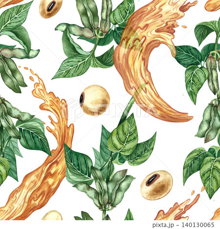 Seamless pattern using soy. Hand-drawn watercolor illustration. Soybeans and soy stalks with leaves and pods, as well as oil splashes. For textiles, labels and prints, decor, packaging, and more. Seamless pattern using soy. Hand-drawn watercolor illustration. Soybeans and soy stalks with leaves and pods, as well as oil splashes. For textiles, labels and prints, decor, packaging, and more. 140130065