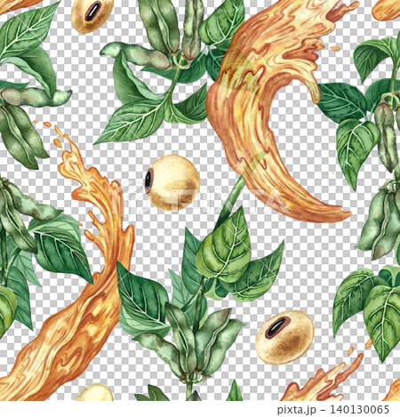 Seamless pattern using soy. Hand-drawn watercolor illustration. Soybeans and soy stalks with leaves and pods, as well as oil splashes. For textiles, labels and prints, decor, packaging, and more. Seamless pattern using soy. Hand-drawn watercolor illustration. Soybeans and soy stalks with leaves and pods, as well as oil splashes. For textiles, labels and prints, decor, packaging, and more. 140130065