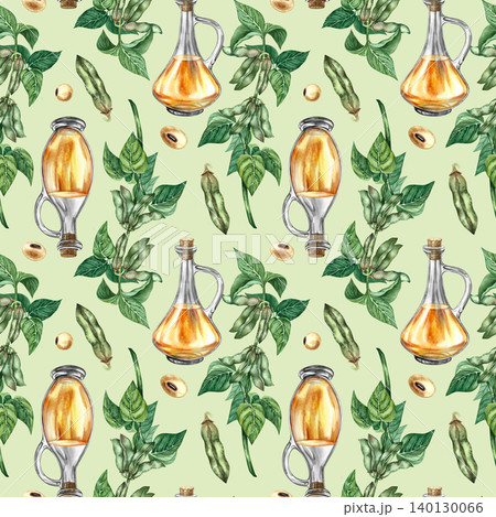 Seamless pattern with soy. Hand-drawn watercolor illustration. Soybeans and soy stalks with leaves and pods and bottles of oil. On a green background. For textiles, labels and prints, decor, and more. 140130066