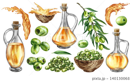 Set with green olives. Hand-drawn watercolor illustrations. An olive branch, a handful of olives, and oil. For labels, prints, and decor, as well as for packaging, banners, posters, and more. 140130068