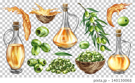 Set with green olives. Hand-drawn watercolor illustrations. An olive branch, a handful of olives, and oil. For labels, prints, and decor, as well as for packaging, banners, posters, and more. Set with green olives. Hand-drawn watercolor illustrations. An olive branch, a handful of olives, and oil. For labels, prints, and decor, as well as for packaging, banners, posters, and more. 140130068