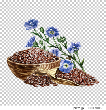 Flaxseed in a wooden bowl and scoop, blue flax flower. Hand-drawn watercolor illustration. Element of label and packaging design, as well as banners, posters, and more. Flaxseed in a wooden bowl and scoop, blue flax flower. Hand-drawn watercolor illustration. Element of label and packaging design, as well as banners, posters, and more. 140130069