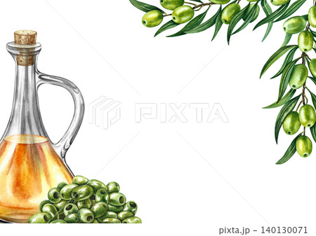 Olive oil frame. Hand-drawn watercolor illustration. Glass bottle of oil, a handful of olives, and olive branches. For menus, recipes, and cookbooks. For postcards, packaging, labels, and more. Olive oil frame. Hand-drawn watercolor illustration. Glass bottle of oil, a handful of olives, and olive branches. For menus, recipes, and cookbooks. For postcards, packaging, labels, and more. 140130071