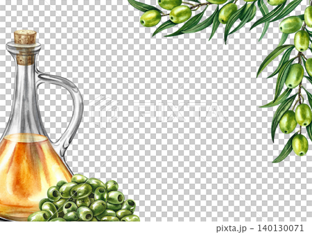 Olive oil frame. Hand-drawn watercolor illustration. Glass bottle of oil, a handful of olives, and olive branches. For menus, recipes, and cookbooks. For postcards, packaging, labels, and more. Olive oil frame. Hand-drawn watercolor illustration. Glass bottle of oil, a handful of olives, and olive branches. For menus, recipes, and cookbooks. For postcards, packaging, labels, and more. 140130071