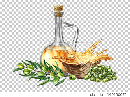 Olive oil. Hand-drawn watercolor illustration. Glass bottle of oil, splash of oil, and olive branch. Design element for menus, recipes, and cookbooks. For banners, flyers, packaging, labels, and more. Olive oil. Hand-drawn watercolor illustration. Glass bottle of oil, splash of oil, and olive branch. Design element for menus, recipes, and cookbooks. For banners, flyers, packaging, labels, and more. 140130072