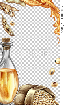 Frame with a picture of soybean oil.. Bottle of oil, splash of oil, and soybeans in a jute bag. Hand-drawn watercolor illustration. For labels, packaging, and more. Frame with a picture of soybean oil.. Bottle of oil, splash of oil, and soybeans in a jute bag. Hand-drawn watercolor illustration. For labels, packaging, and more. 140130126