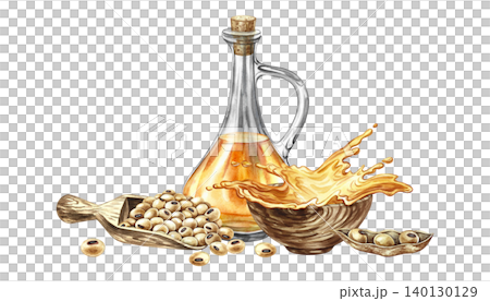 Soybean oil. Glass bottle, soybeans in a scoop, and a splash of oil in a cup. Hand-drawn watercolor illustration. For menus, recipes, and cookbooks. For banners, packaging, labels, and more. 140130129