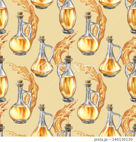 Seamless pattern using beautiful, curly bottles and yellow splashes. Hand-drawn watercolor illustration. On a light brown background. For textiles, labels and prints, decor, packaging and more Seamless pattern using beautiful, curly bottles and yellow splashes. Hand-drawn watercolor illustration. On a light brown background. For textiles, labels and prints, decor, packaging and more 140130130