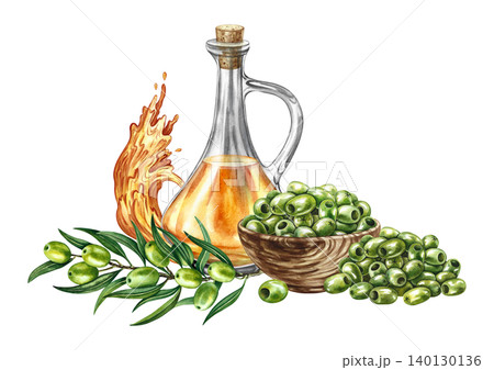 Olive oil. Hand-drawn watercolor illustration. Glass bottle of oil, oil splashes, olive branch, and a cup of pitted olives. For menus, recipes, and cookbooks. For banners, packaging, labels, and more. Olive oil. Hand-drawn watercolor illustration. Glass bottle of oil, oil splashes, olive branch, and a cup of pitted olives. For menus, recipes, and cookbooks. For banners, packaging, labels, and more. 140130136