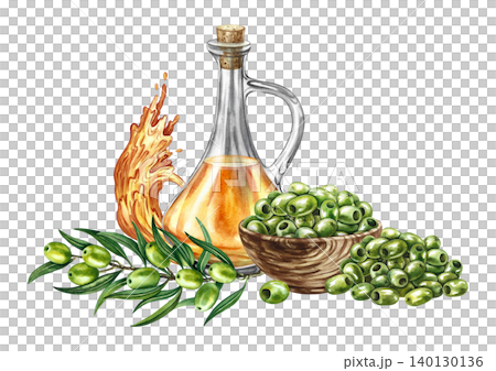 Olive oil. Hand-drawn watercolor illustration. Glass bottle of oil, oil splashes, olive branch, and a cup of pitted olives. For menus, recipes, and cookbooks. For banners, packaging, labels, and more. Olive oil. Hand-drawn watercolor illustration. Glass bottle of oil, oil splashes, olive branch, and a cup of pitted olives. For menus, recipes, and cookbooks. For banners, packaging, labels, and more. 140130136