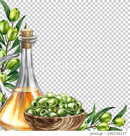 Olive oil frame. Hand-drawn watercolor illustration. Glass bottle of oil and olive twigs and wooden bowl with pitted olives. For menus, recipes, cookbooks. For postcards, packaging, labels, and more. Olive oil frame. Hand-drawn watercolor illustration. Glass bottle of oil and olive twigs and wooden bowl with pitted olives. For menus, recipes, cookbooks. For postcards, packaging, labels, and more. 140130137