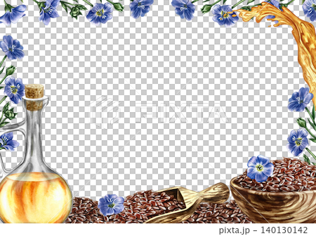 Frame with flax seeds and oil. Hand-drawn watercolor illustration. Glass bottle with flax oil, seeds, flowers, and a splash. Element of label, packaging design, as well as banners, posters, and more. Frame with flax seeds and oil. Hand-drawn watercolor illustration. Glass bottle with flax oil, seeds, flowers, and a splash. Element of label, packaging design, as well as banners, posters, and more. 140130142