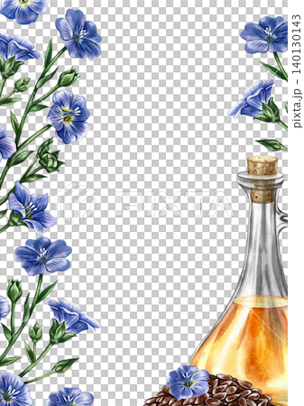 Frame with flax seeds and oil. Hand-drawn watercolor illustration. Glass bottle with flax oil, seeds, and blue flowers. Design element for labels, packaging, banners, posters, and more. 140130143