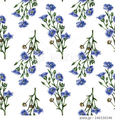 Seamless pattern with blue linen flowers. Hand-drawn watercolor illustration. Perfect for labels and packaging, textiles and decor, as well as for wallpaper, tablecloths, curtains, and more. Seamless pattern with blue linen flowers. Hand-drawn watercolor illustration. Perfect for labels and packaging, textiles and decor, as well as for wallpaper, tablecloths, curtains, and more. 140130146