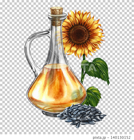 Sunflower oil. Hand-drawn watercolor illustration. Glass bottle of oil and sunflower flower and a handful of seeds. Element of label and packaging design, banners, posters, and more. Sunflower oil. Hand-drawn watercolor illustration. Glass bottle of oil and sunflower flower and a handful of seeds. Element of label and packaging design, banners, posters, and more. 140130152