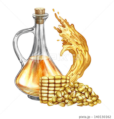 Corn oil. Hand-drawn watercolor illustration. Slice of corn cob, bottle of oil, handful of seeds, and splash of oil. Perfect for labels and packaging, as well as menus, banners, posters, and more. Corn oil. Hand-drawn watercolor illustration. Slice of corn cob, bottle of oil, handful of seeds, and splash of oil. Perfect for labels and packaging, as well as menus, banners, posters, and more. 140130162