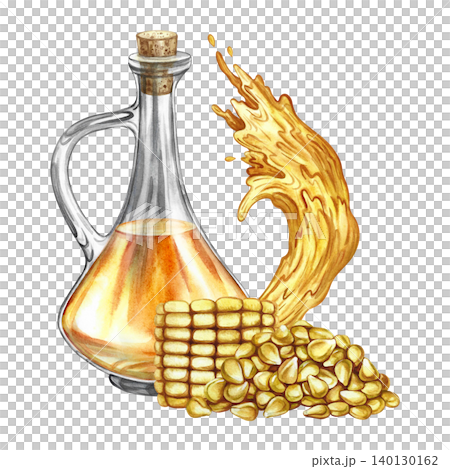 Corn oil. Hand-drawn watercolor illustration. Slice of corn cob, bottle of oil, handful of seeds, and splash of oil. Perfect for labels and packaging, as well as menus, banners, posters, and more. Corn oil. Hand-drawn watercolor illustration. Slice of corn cob, bottle of oil, handful of seeds, and splash of oil. Perfect for labels and packaging, as well as menus, banners, posters, and more. 140130162