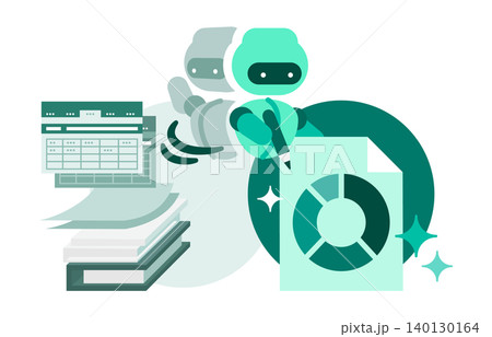 大量の書類やエクセルデータを元にRPAで美しいグラフデータを自動作成するAIキャラクターのイラスト 大量の書類やエクセルデータを元にRPAで美しいグラフデータを自動作成するAIキャラクターのイラスト 140130164