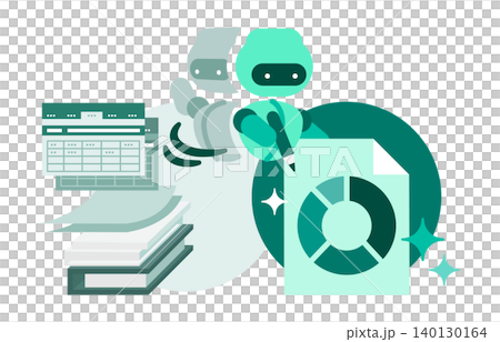 大量の書類やエクセルデータを元にRPAで美しいグラフデータを自動作成するAIキャラクターのイラスト 大量の書類やエクセルデータを元にRPAで美しいグラフデータを自動作成するAIキャラクターのイラスト 140130164